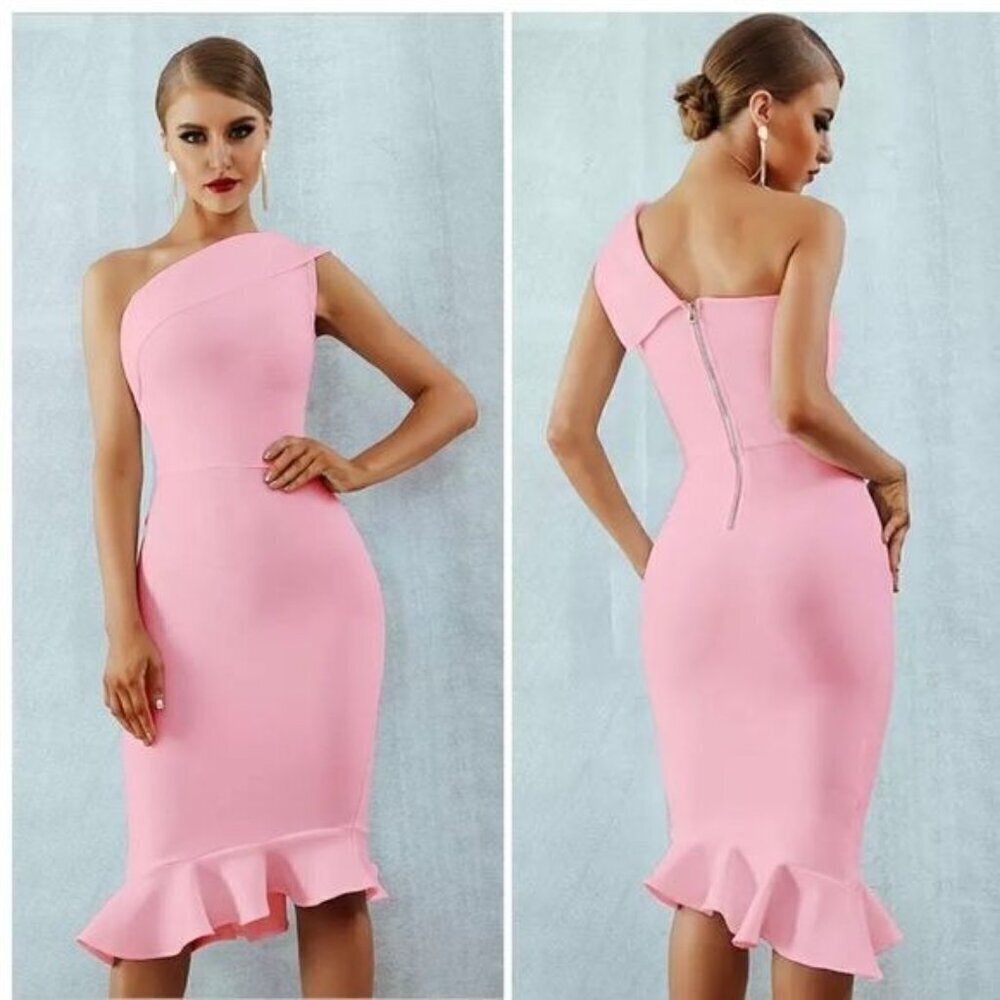 Pink One Shoulder Bandage Bodycon Knee Length Ruffle Hem Cocktail Dress M